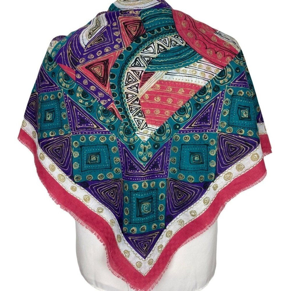 Vintage Express Scarf Purple Aqua Pink Metallic Gold Detail Geometric Print 35"